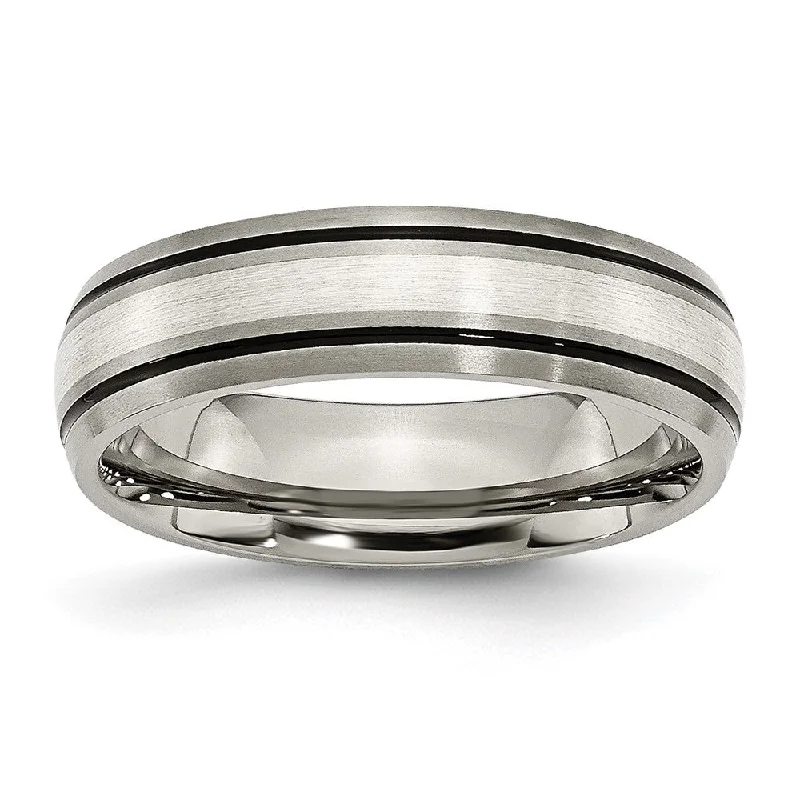 Ladies rings proposal gifts-6mm Titanium & Sterling Silver Inlay Antiqued/Brushed Grooved Band