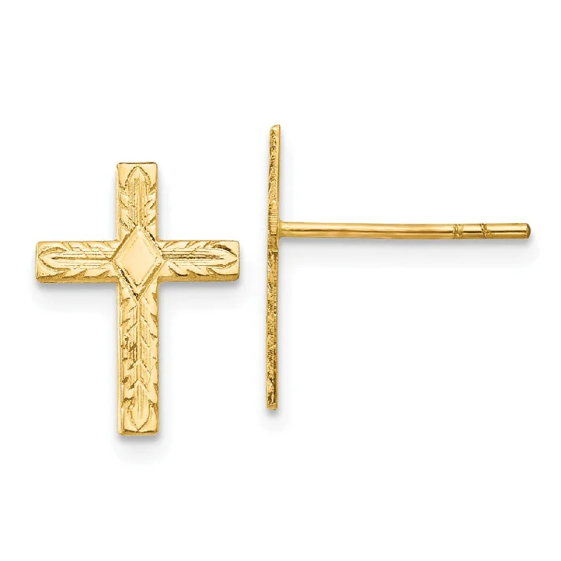 Ladies earrings vintage appeal-13mm Textured Cross Post Earrings in 14k Yellow Gold