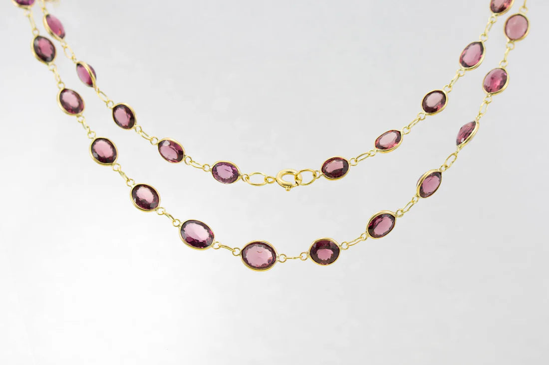 Ladies necklaces intricate patterns-9ct Yellow Gold Garnet Graduated Line Necklace