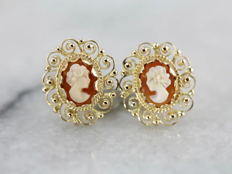 Ladies earrings budget finds-Mid Century Cameo Stud Earrings with Filigree Gold Frames