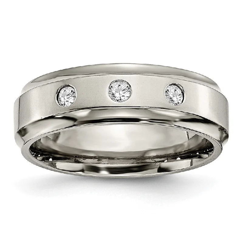 Ladies rings daily wear-Mens 7mm Titanium 1/5ctw Diamond 3 Stone Ridged Edge Standard Fit Band