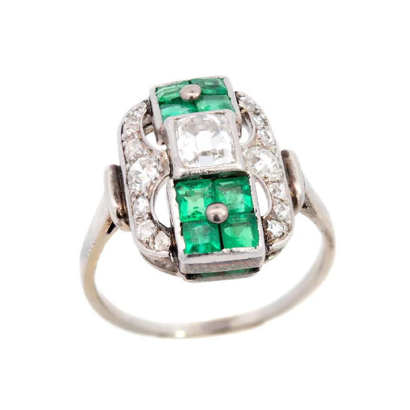 Ladies wedding rings 2025 trends-Art Deco 18k Emerald & Diamond Engagement Ring