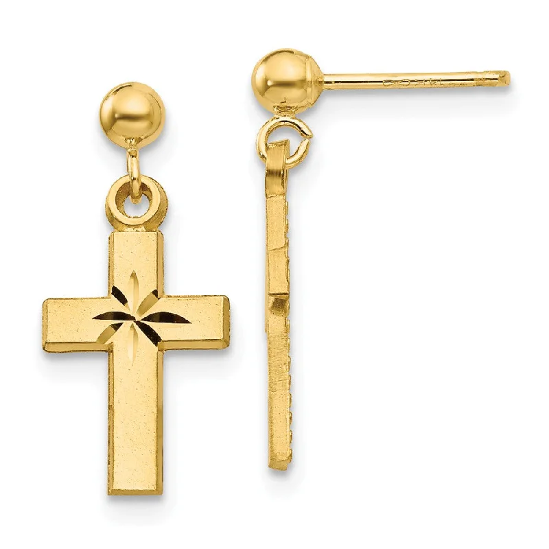 Ladies earrings birthday surprises-Small Satin and Diamond Cut Cross Dangle Post Earrings in 14k Gold