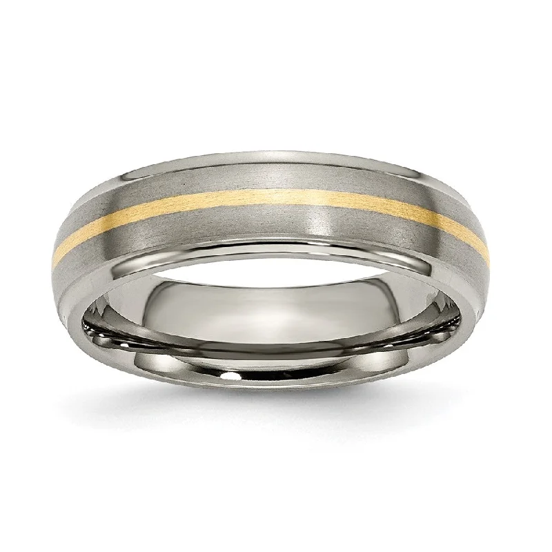 Ladies rings standout pieces-6mm Titanium & 14k Gold Inlay Ridged Edge Standard Fit Band