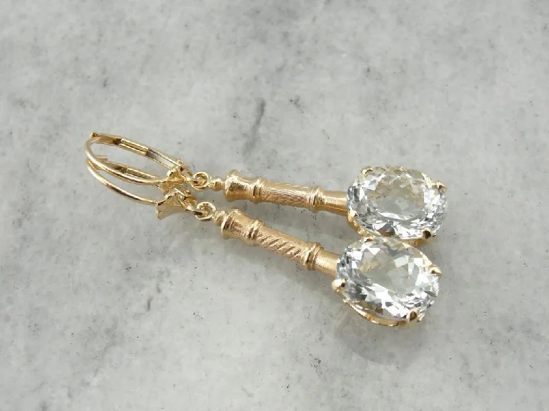 Ladies earrings matching pairs-Bamboo Under Ice: White Topaz Drop Earrings with Antique Accents