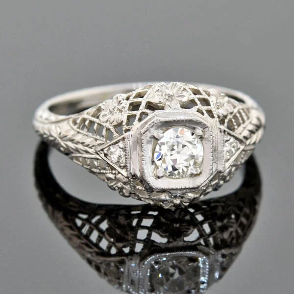 Ladies wedding rings diamond bands-Art Deco 18kt Diamond Engagement Ring 0.28ct