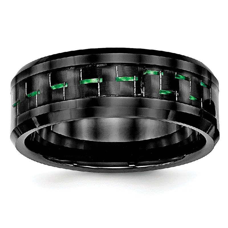 Ladies rings sentimental value-8mm Black Ceramic Green Carbon Fiber Beveled Comfort Fit Band