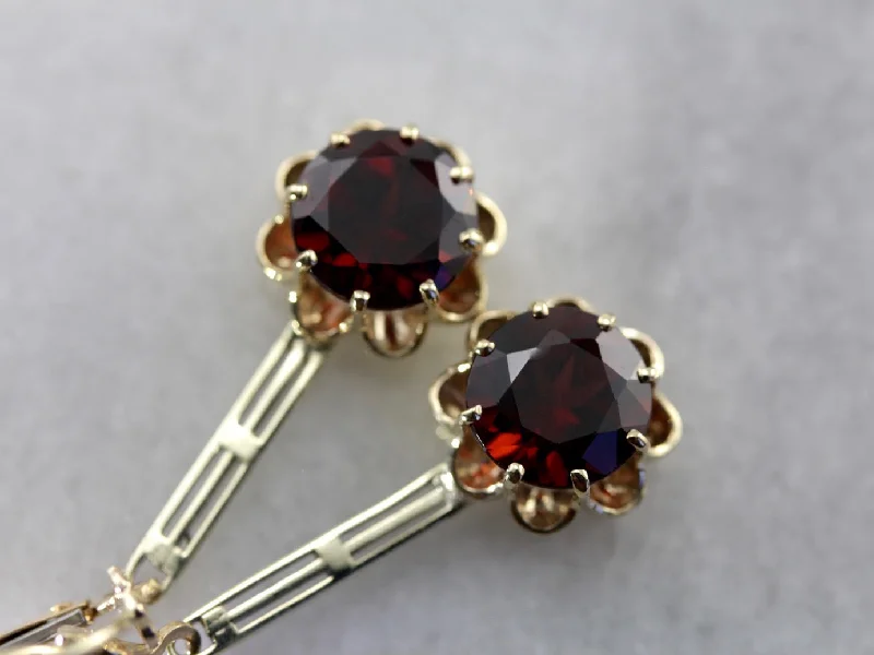 Ladies earrings gothic appeal-Elegant Garnet Drop Earrings with Vintage Elements