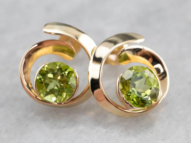 Ladies earrings online buys-Modernist Peridot Spiral Gold Stud Earrings