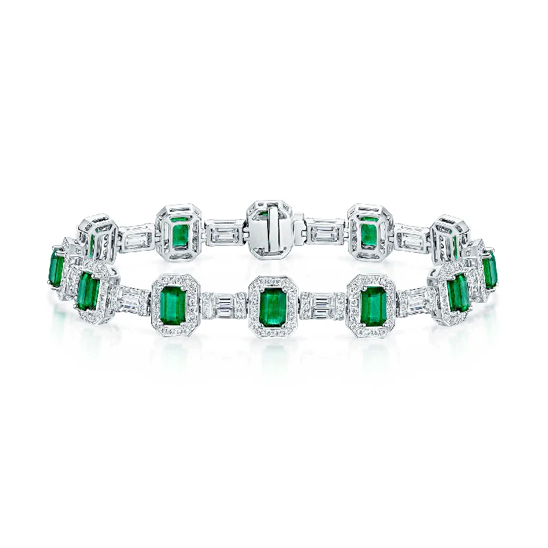 Ladies bracelets intricate patterns-18ct White Gold Emerald And Diamond Halo Vintage Tennis Bracelet