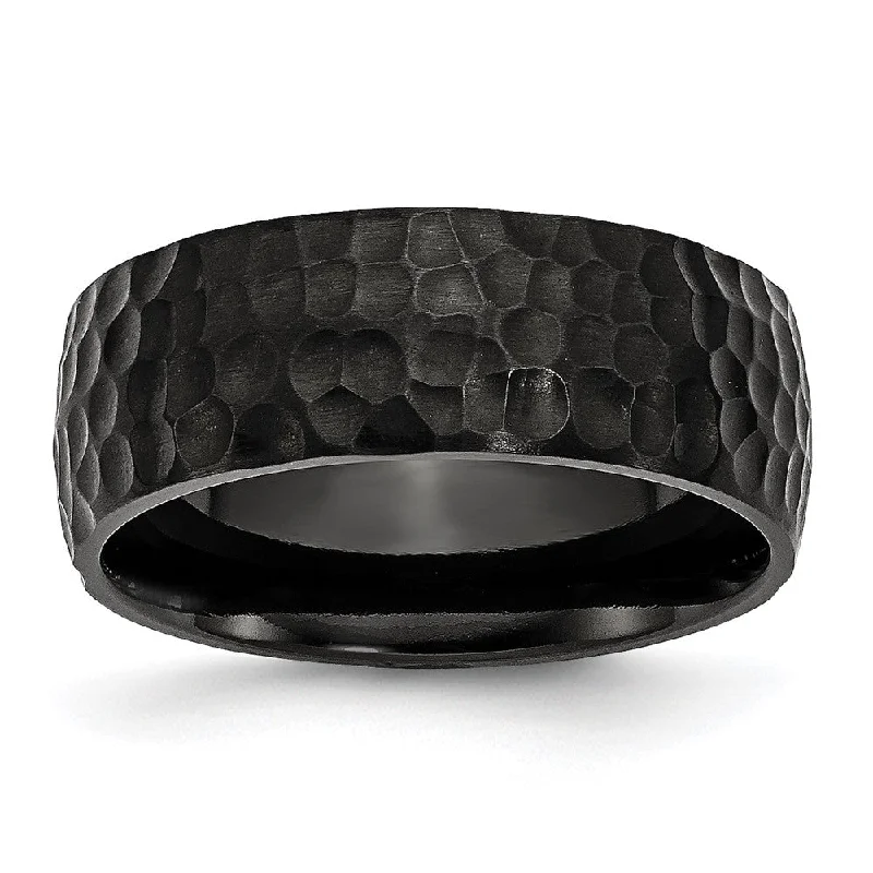 Ladies rings Mother’s Day-8mm Black Plated Titanium Brushed & Hammered Standard Fit Band