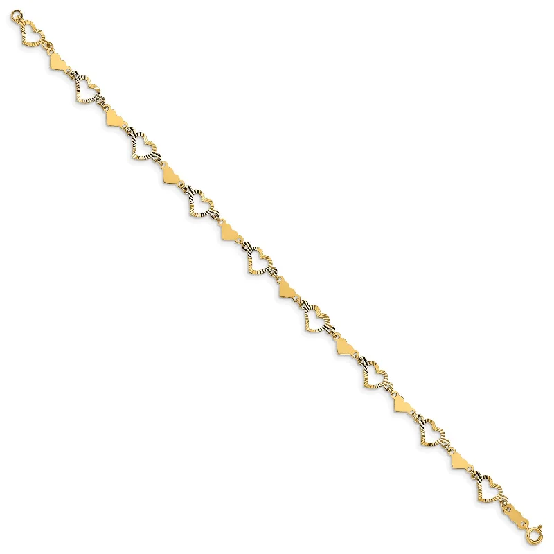 Ladies bracelets stacked styles-Diamond-Cut Alternating Hearts Bracelet (14K)