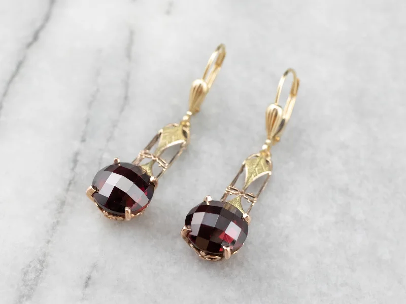 Ladies earrings punk edge-Garnet Gold Filigree Bar Drop Earrings