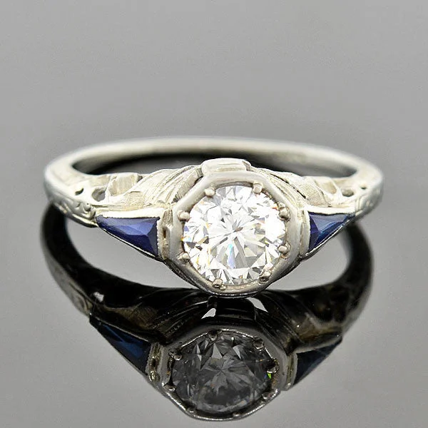 Ladies wedding rings eternity bands-Art Deco 18kt Diamond & Sapphire Engagement Ring .82ct