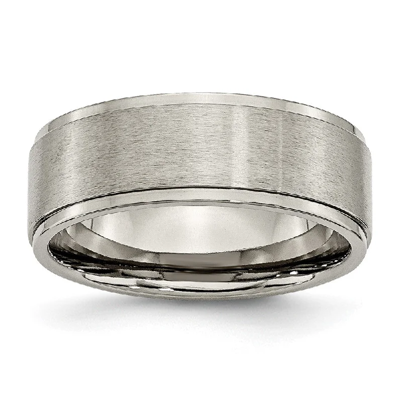 Ladies rings casual vibes-8mm Titanium Brushed Flat Polished Ridged Edge Comfort Fit Band