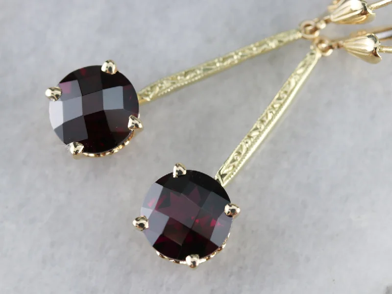 Ladies earrings natural stones-Engraved Long Garnet Drop Earrings