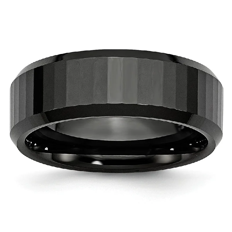 Ladies rings jade accents-Black Ceramic, 8mm Beveled Edge And Faceted Comfort Fit Band