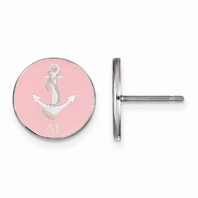 Ladies earrings rose gold-Sterling Silver Delta Gamma Pink Enamel Anchor Post Earrings