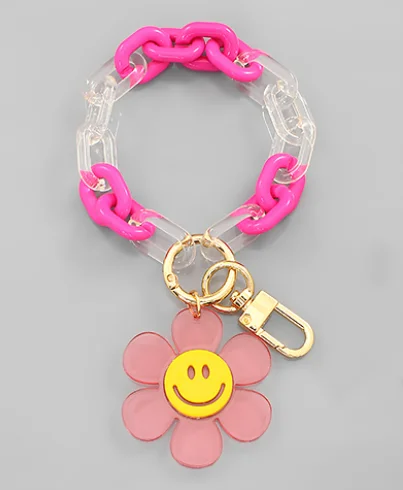 Ladies bracelets heart accents-Smile Flower Key Ring Bracelet - Fuchsia