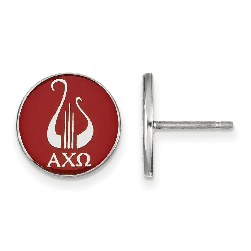 Ladies earrings silver finishes-Sterling Silver Alpha Chi Omega Red Enamel Logo Disc Post Earrings