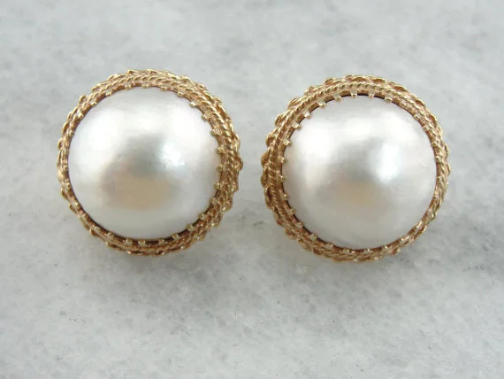 Ladies earrings friendship pairs-Bold and Beautiful Mabe Pearl Earrings in Fine Gold