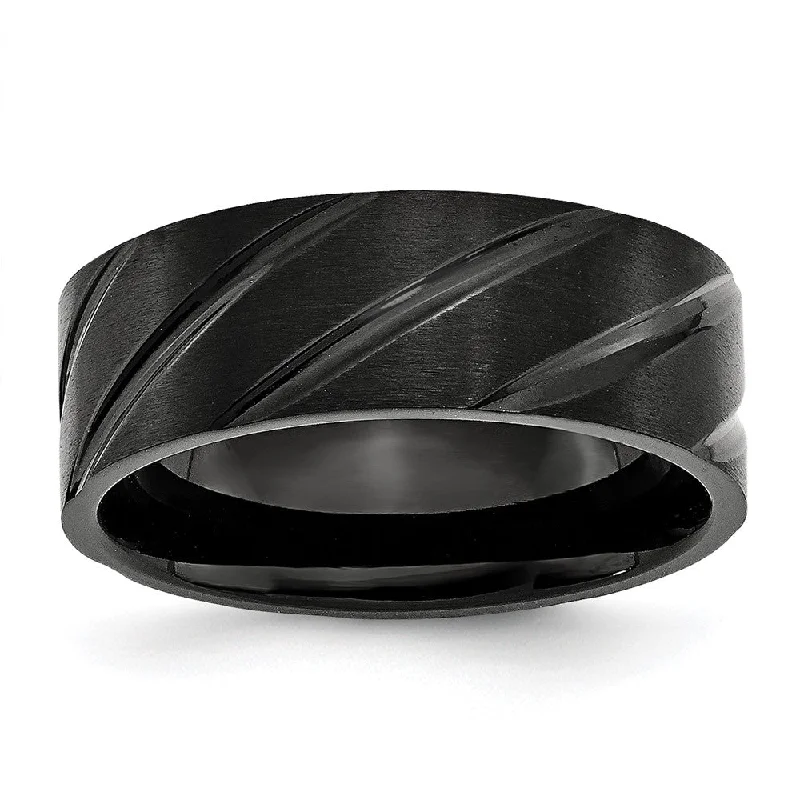 Ladies rings celebrity styles-8mm Black Plated Titanium Brushed Grooved Standard Fit Band