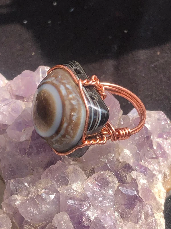 Ladies rings ring finger-Evil Eye Sardonyx Crystal Copper Wirewrapped Ring