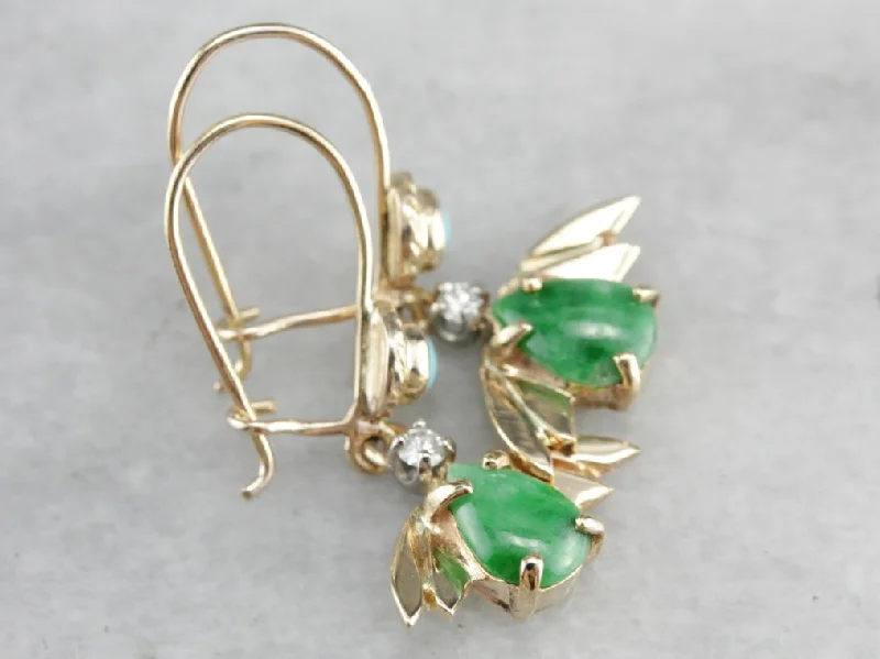 Ladies earrings matching pairs-Vintage Jade Diamond and Turquoise Drop Earrings