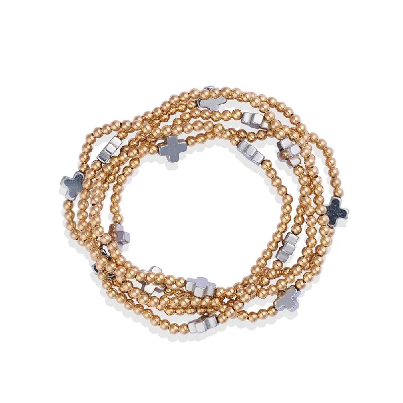 Ladies bracelets modern designs-Metal Tone Beaded  Bracelets Criss Cross Set - Gold