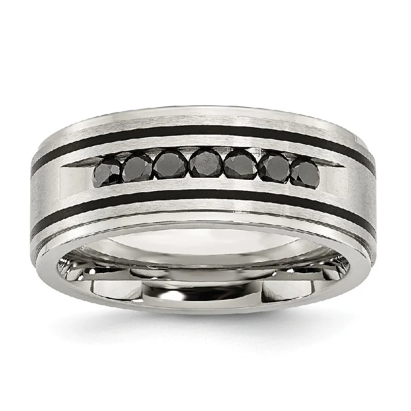 Ladies rings worldwide styles-9mm Two Tone Stainless Steel & 1/2 Ctw Black Diamond Comfort Fit Band