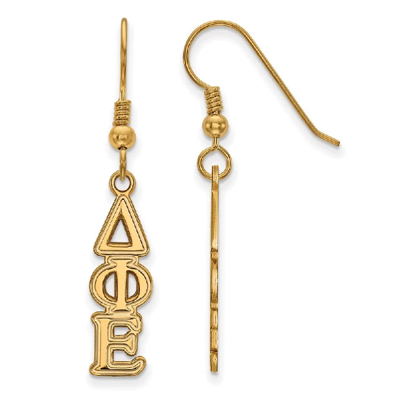 Ladies earrings holiday gifts-14K Plated Silver Delta Phi Epsilon Dangle Small Earrings