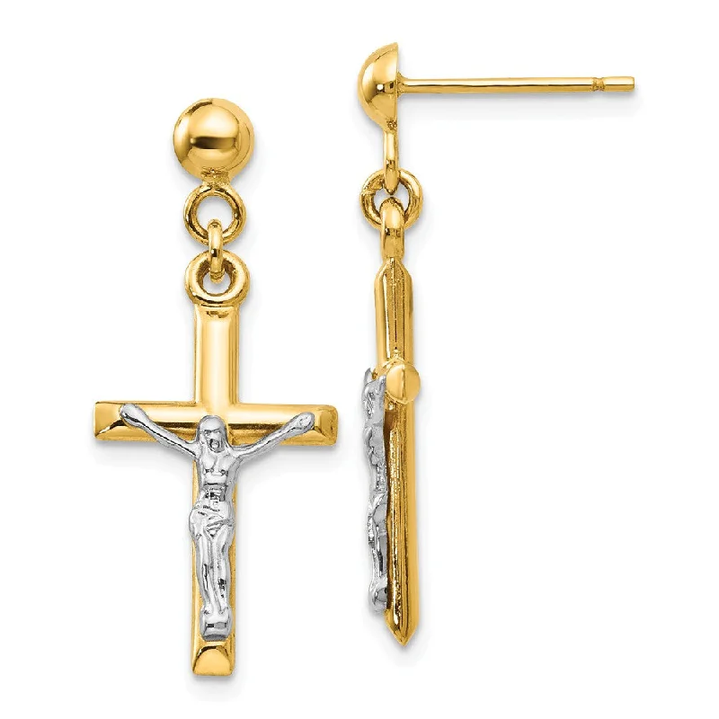 Ladies earrings hypoallergenic-3D Hollow Crucifix Dangle Post Earrings in 14k Two Tone Gold