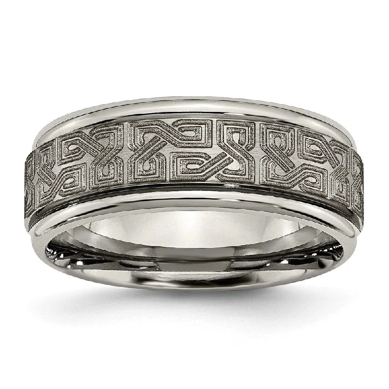 Ladies rings sentimental value-8mm Titanium Lasered Greek Key Grooved Edge Standard Fit Band