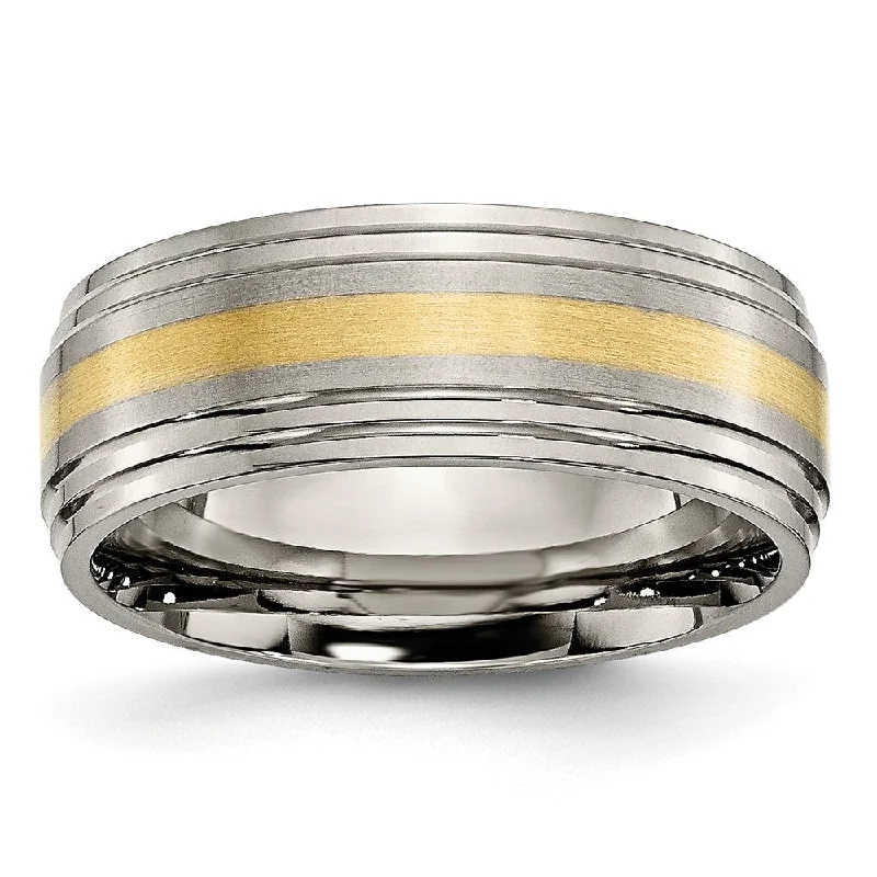 Ladies rings casual vibes-8mm Titanium & 14k Gold Inlay Flat Double Ridge Edge Standard Fit Band