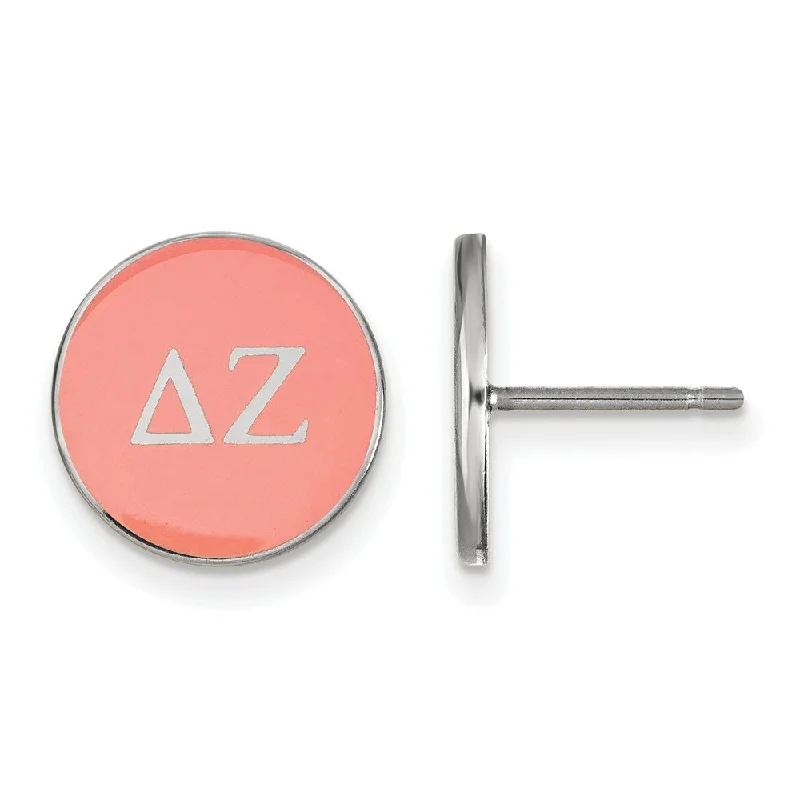 Ladies earrings boho charm-Sterling Silver Delta Zeta Pink Enamel Disc Post Earrings