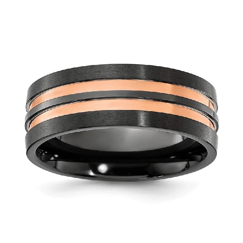 Ladies rings wedding bands-8mm Black Zirconium & Rose Tone Grooved Standard Fit Band