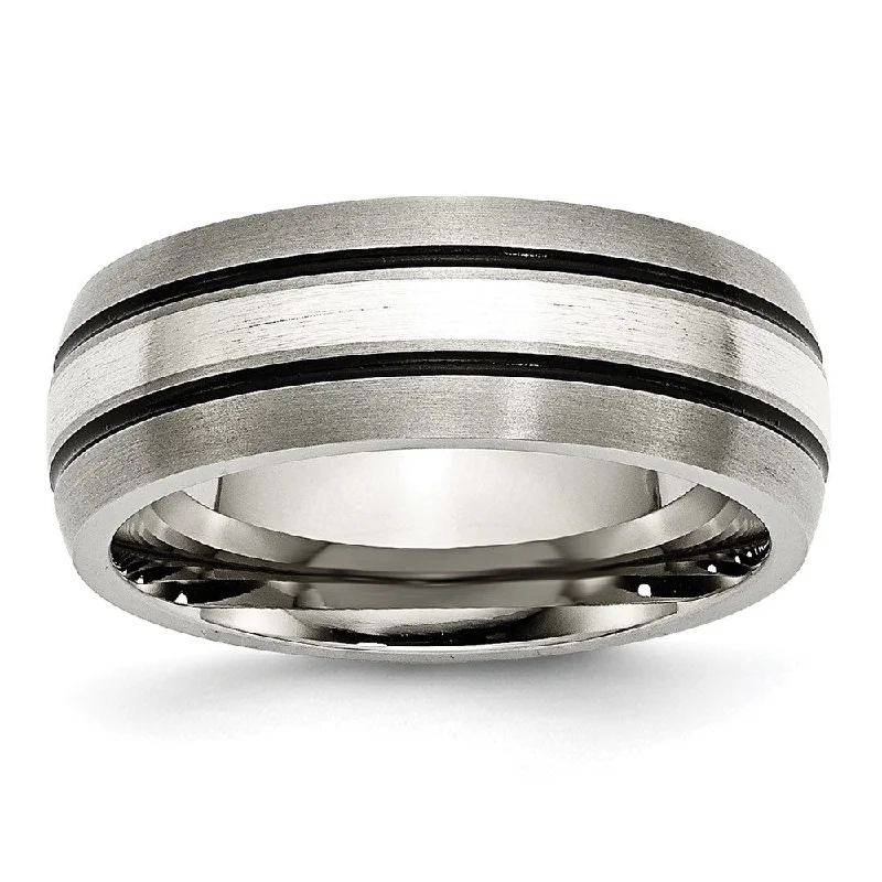 Ladies rings floral accents-8mm Titanium & Sterling Silver Inlay Antiqued/Brushed Grooved Band