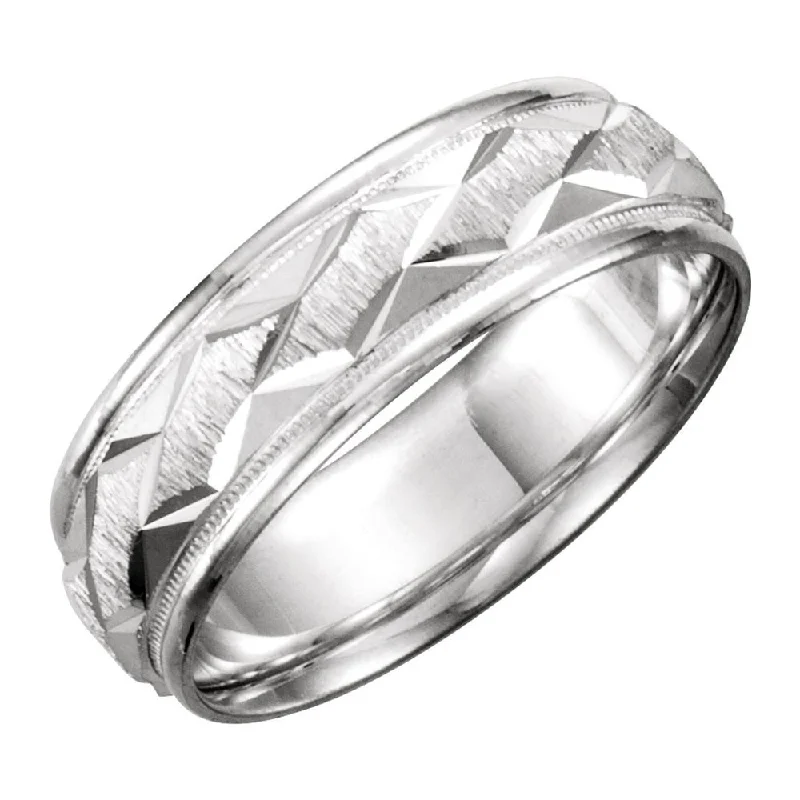 Ladies rings investment value-7mm 14K White Gold Carved Design Comfort Fit Band