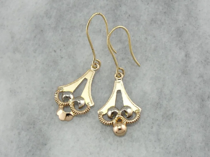 Ladies earrings gift choices-Oh Italy! Vintage Etruscan Themed Gold Earrings, Pretty Tri Color Gold Drop Earrings