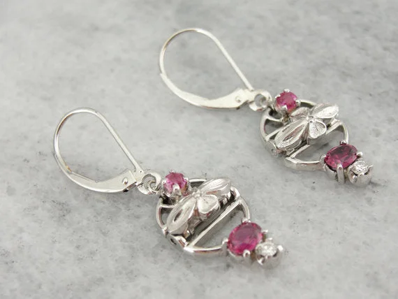 Ladies earrings elegant looks-Platinum and Ruby Retro Era Drop Earrings