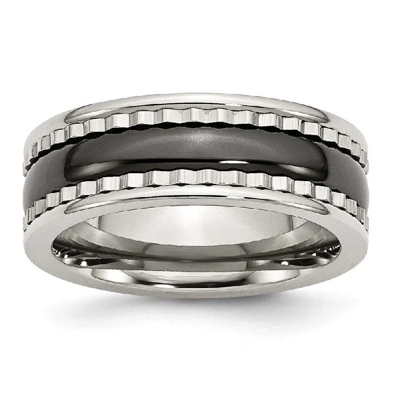 Ladies rings gold-plated-8mm Sawtooth Accent Stainless Steel and Black Ceramic Band