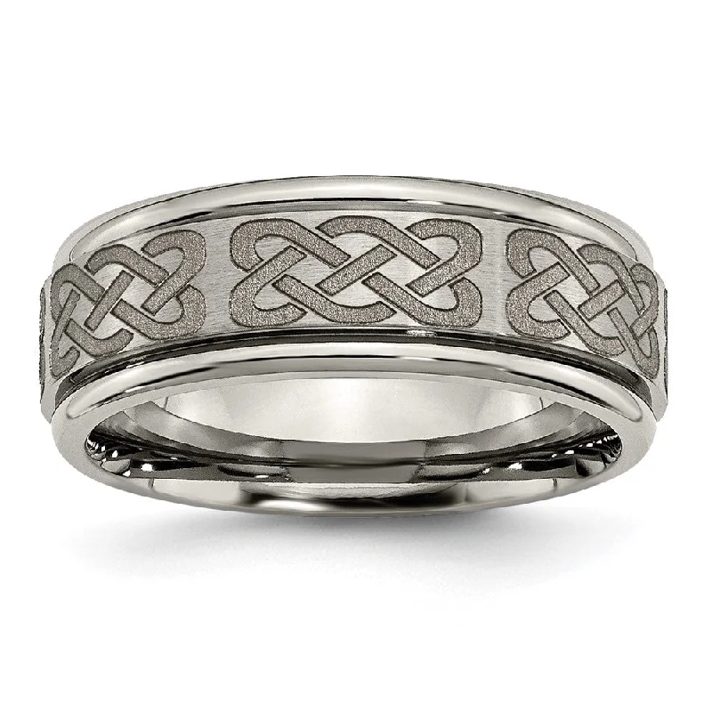 Ladies rings floral accents-8mm Titanium Laser Etched Celtic Grooved Edge Standard Fit Band