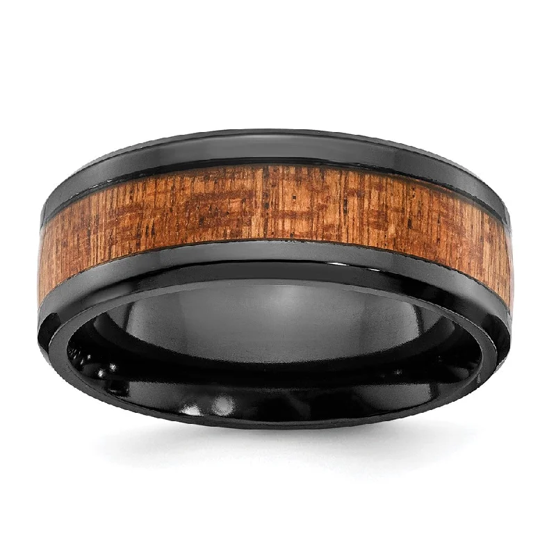 Ladies rings index finger-8mm Black Zirconium & Sapele Wood Inlay Standard Fit Band