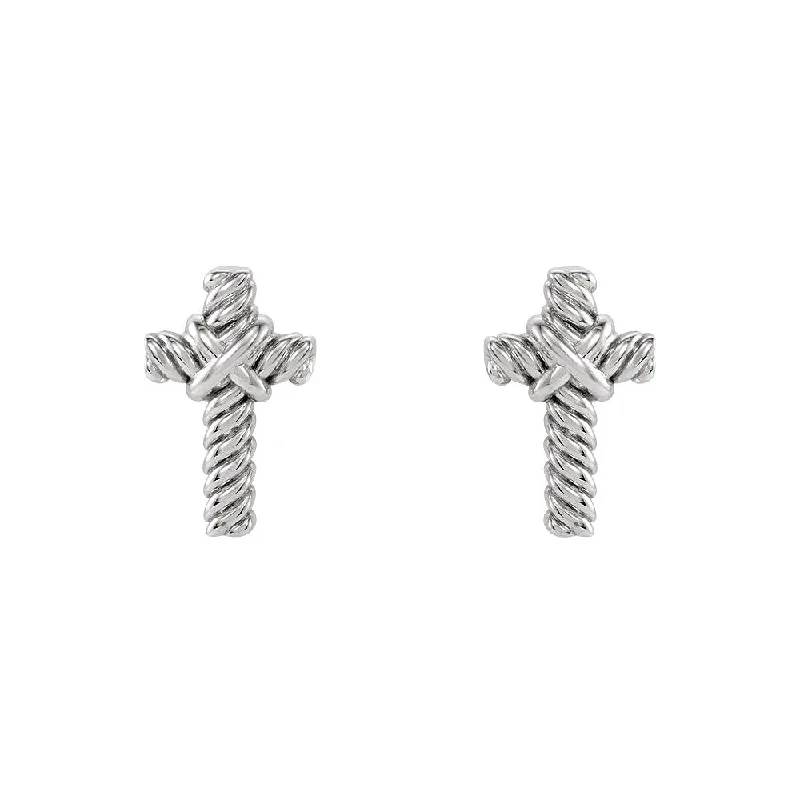 Ladies earrings animal designs-9mm Rope Cross Post Earrings in 14k White Gold