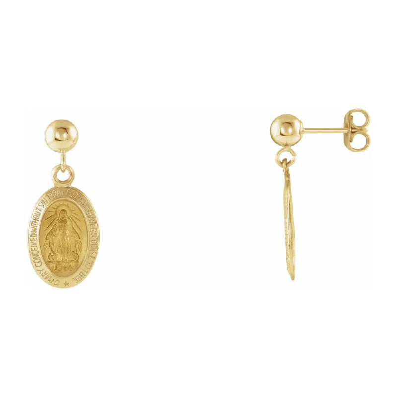 Ladies earrings group styles-14K Yellow Gold Miraculous Medal Dangle Post Earrings, 9 x 21mm