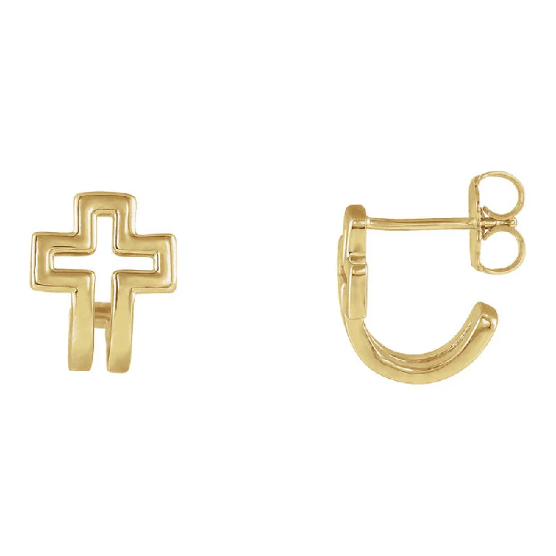 Ladies earrings dangle trends-9x11mm (3/8 x 7/16 Inch) 14k Yellow Gold Voided Cross J-Hoop Earrings