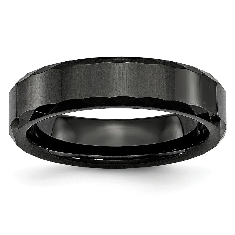 Ladies rings modern appeal-Black Ceramic, 6mm Faceted Edge Comfort Fit Band