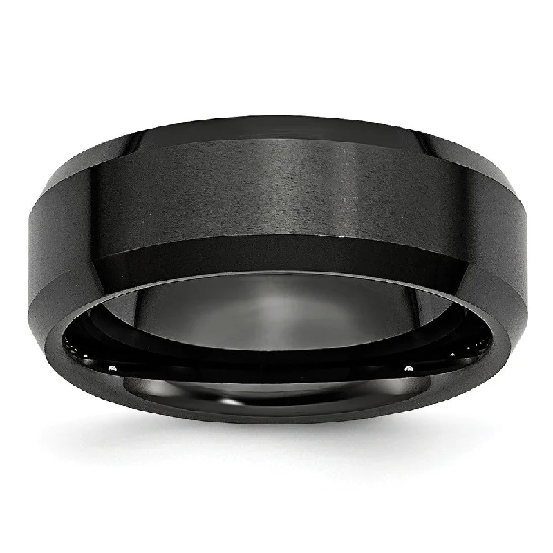 Ladies rings modern appeal-Black Ceramic, 8mm Beveled Edge Unisex Comfort Fit Band