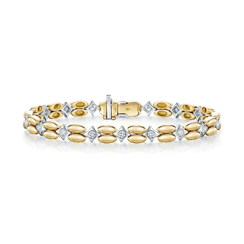 Ladies bracelets top brands-18ct Yellow Gold Double Oval & 18ct White Gold Square Rub Over Diamond Set Link Bracelet