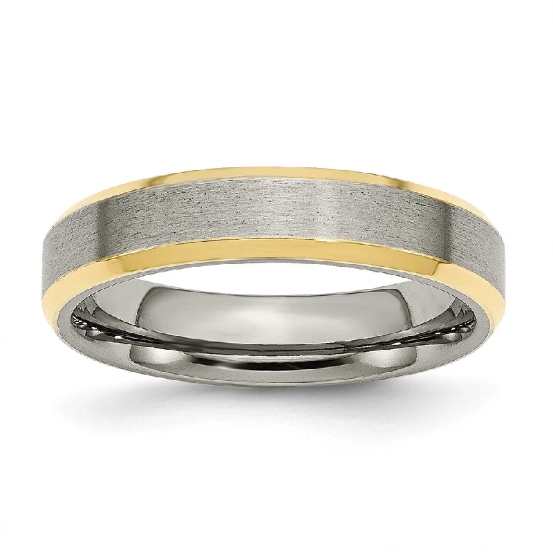 Ladies rings ring finger-5mm Titanium & Gold Tone Flat Beveled Edge Standard Fit Band